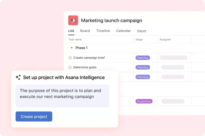 Asana 產品 UI 顯示「Asana Intelligence」根據「此專案的目的是規劃並執行下一個行銷活動」的提示，建立新的「行銷發佈活動」專案。