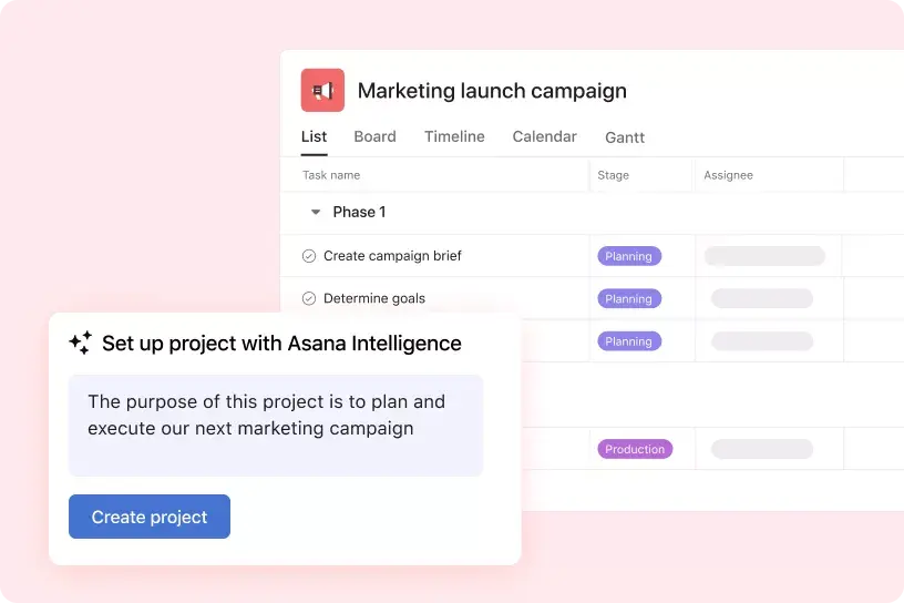 Asana product UI showing Asana Intelligence creating a new "Marketing launch campaign" project based on the prompt "The purpose of this project is to plan and execute our next marketing campaign".