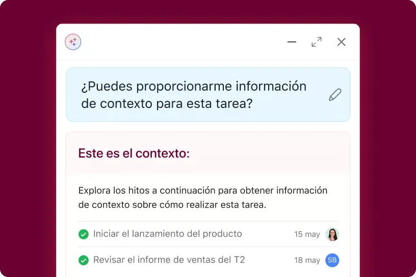 Interfaz de usuario del producto donde se muestra la función de compañero de equipo de la IA de Asana que menciona tareas relacionadas a fin de ofrecer información de contexto para una nueva solicitud en la que fueron etiquetados