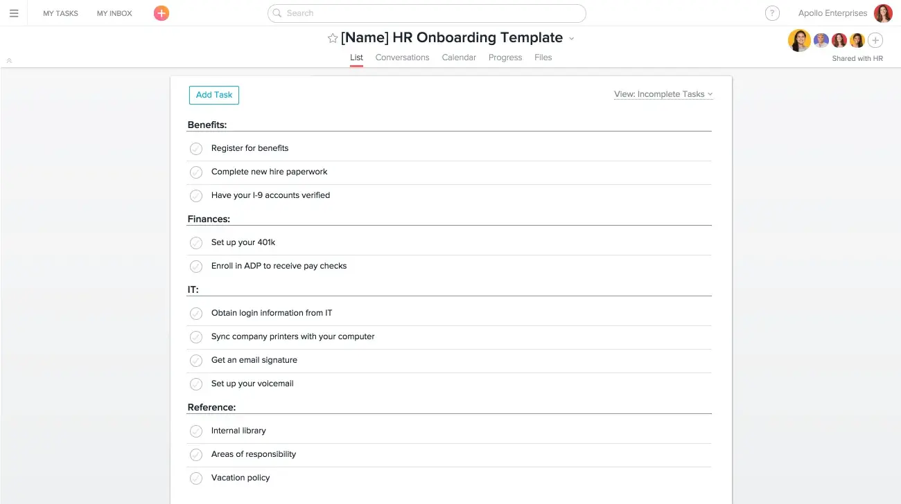 Product UI: Onboarding template in Asana