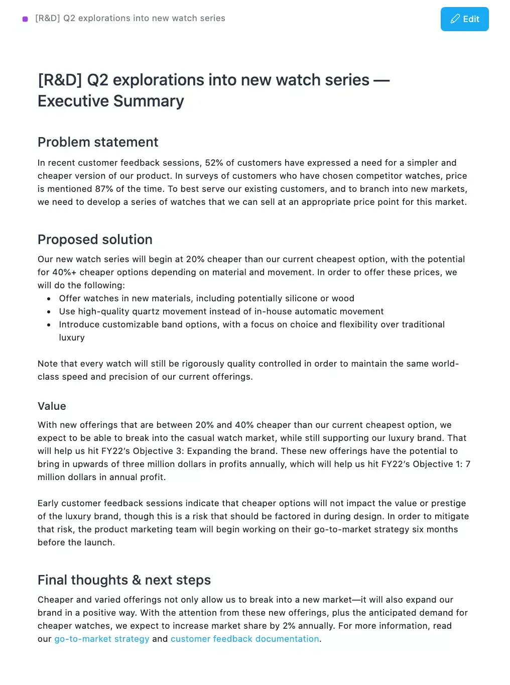 Voorbeeld van executive summary in Asana