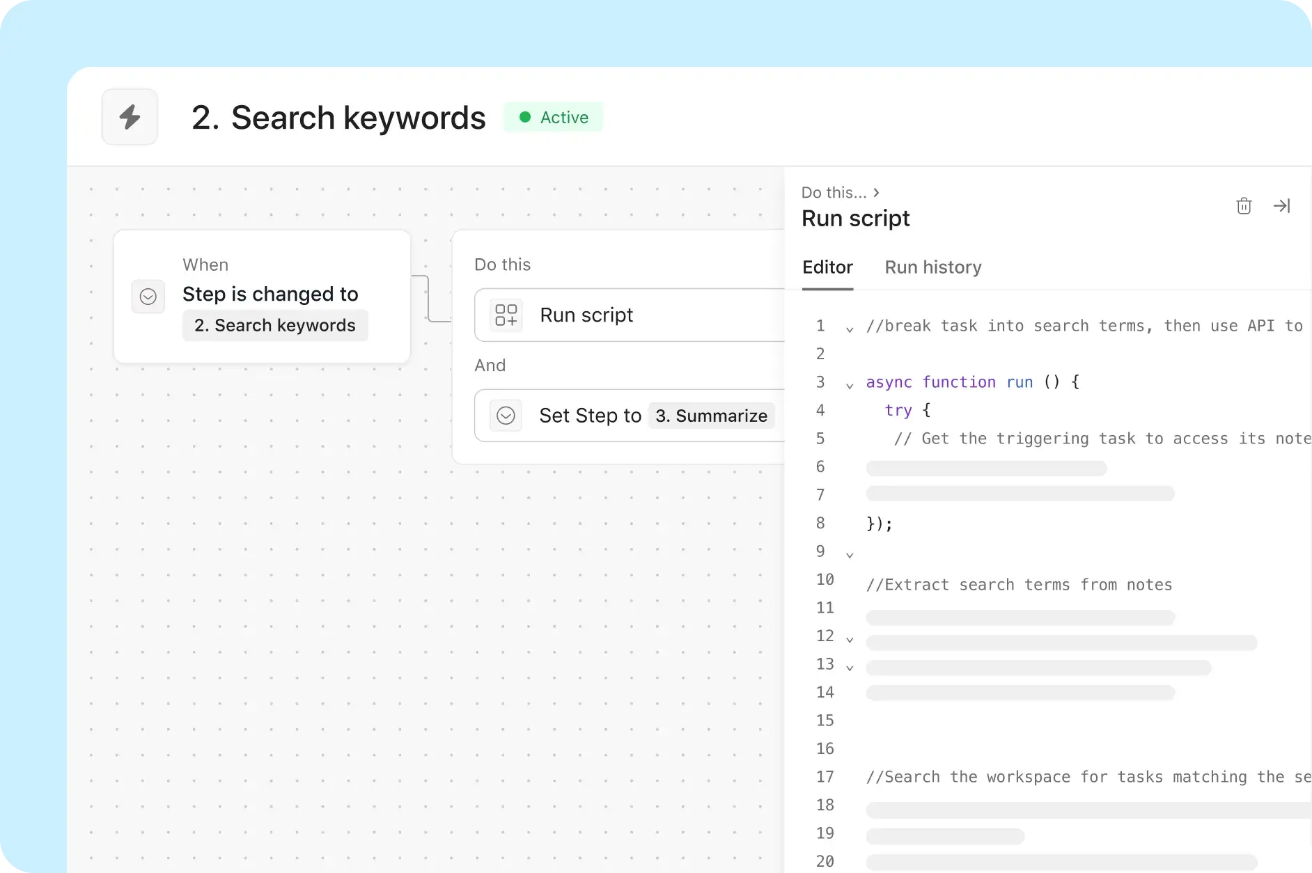 UI showing the second step in the Asana procurement team's workflow using Asana AI to search for relevant historical tasks