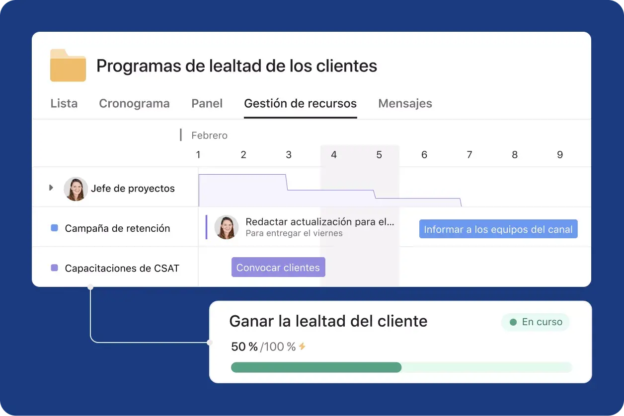 Interfaz de usuario en Asana de establecimiento de objetivos para el Programa de fidelización de clientes 