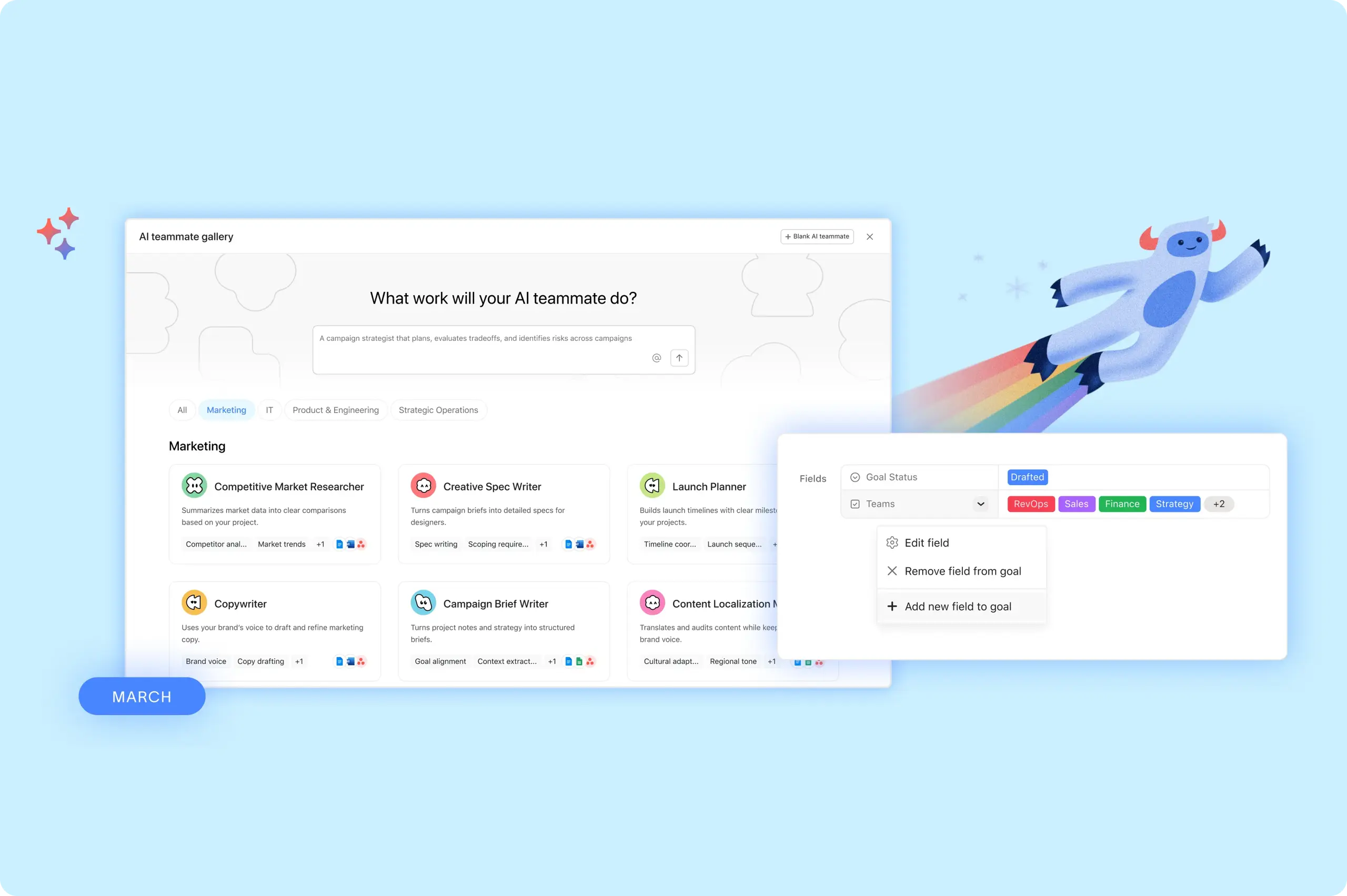 Asana "Q4 • FEBRUARY" release graphic featuring a flying blue yeti. The interface shows a strategy map with a marketing efficiency goal and a "Marketing request inbox" with the "In progress" status selected from a dropdown menu.