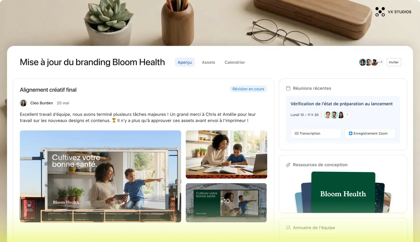Asana UI for a "Bloom Health Brand Refresh" project. The feed shows a creative update with billboard mockups. A sidebar displays recent Zoom meetings, design resources, a team directory, and timezones.