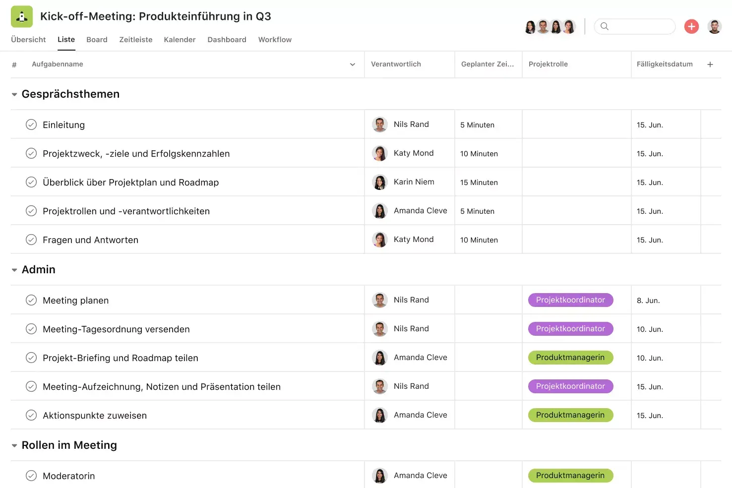 [Product ui] Projekt für ein Kick-off-Meeting in Asana, Rasteransicht (Liste)