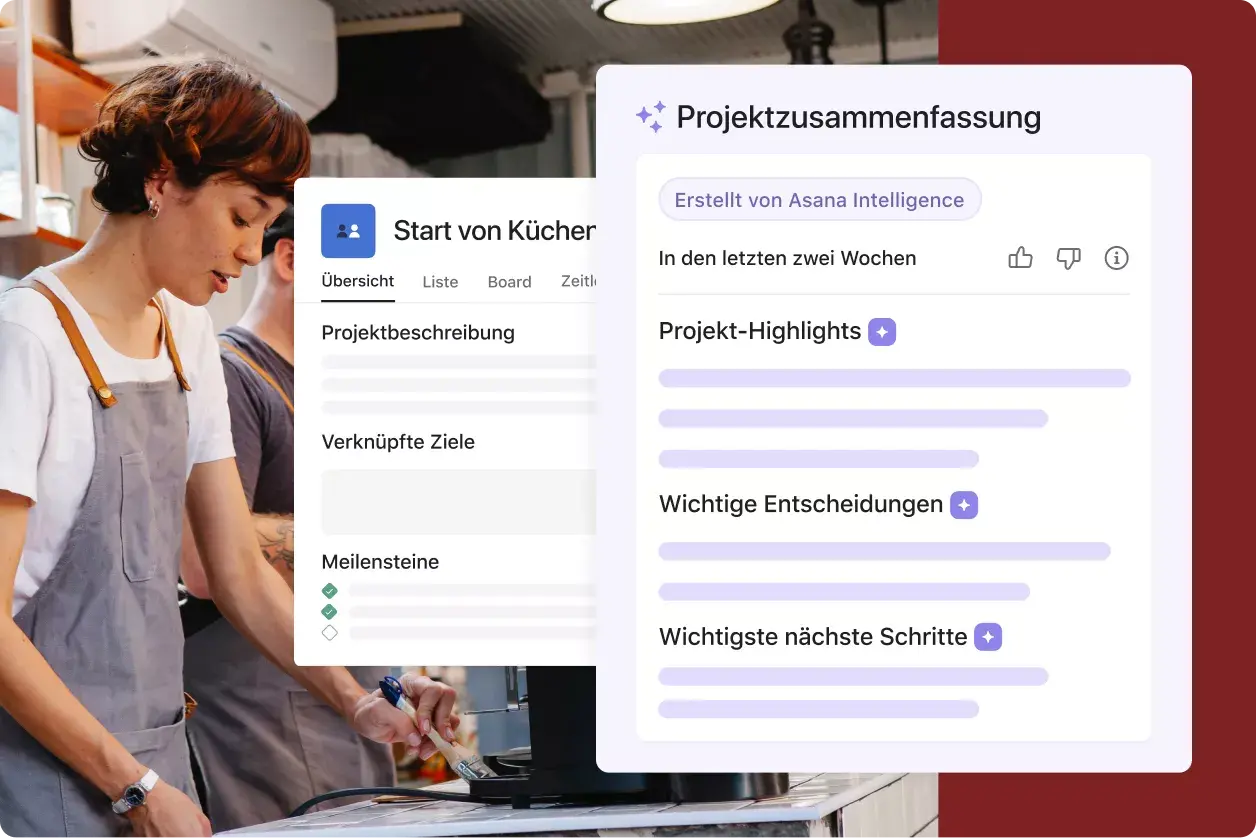 Projektzusammenfassung für den Start von Küchenrivalen: Abstrakte Asana-Produkt-UI