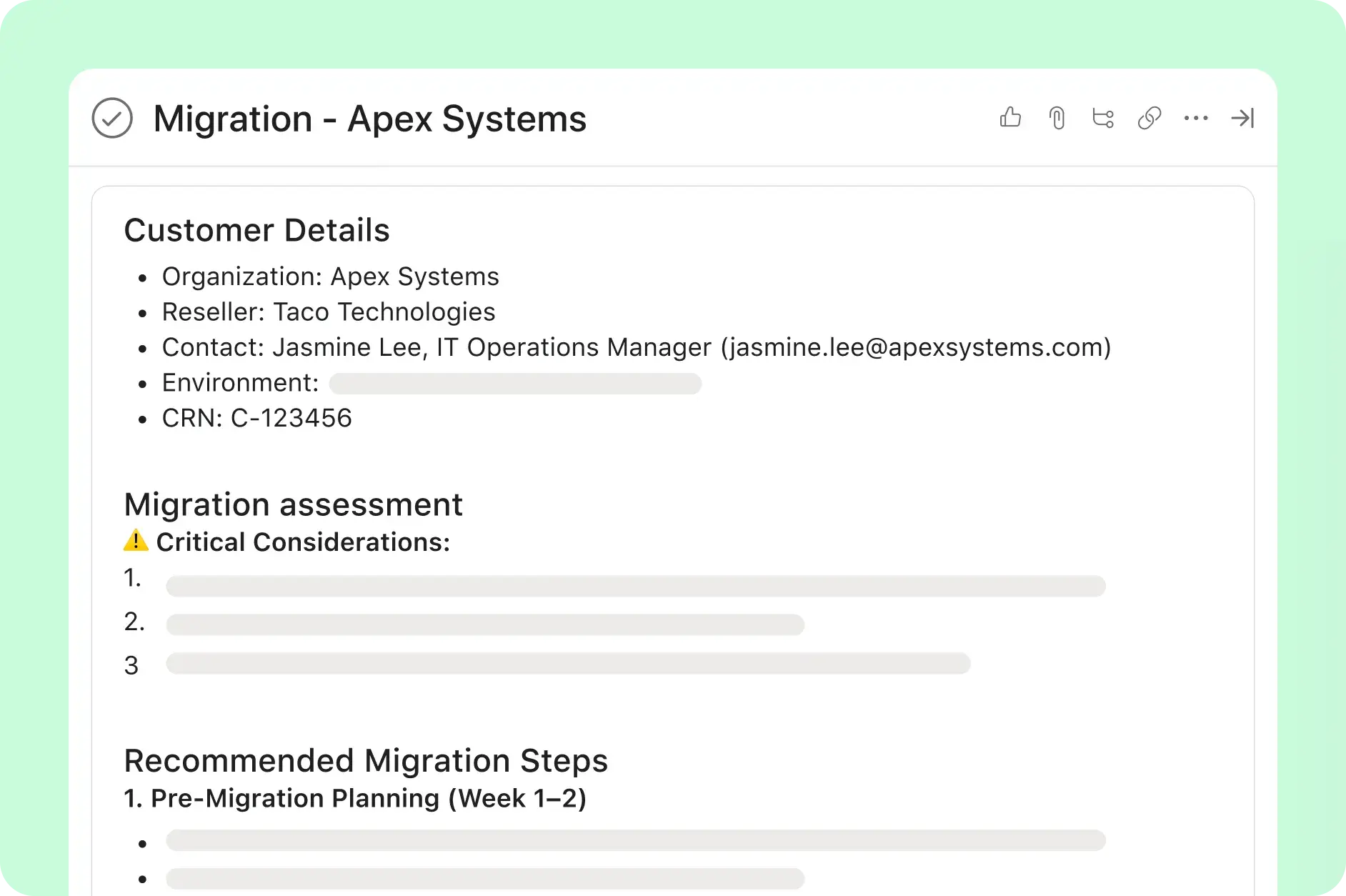 Asana product UI showing what a migration plan looks like once AI Studio has created it for Taco Technologies