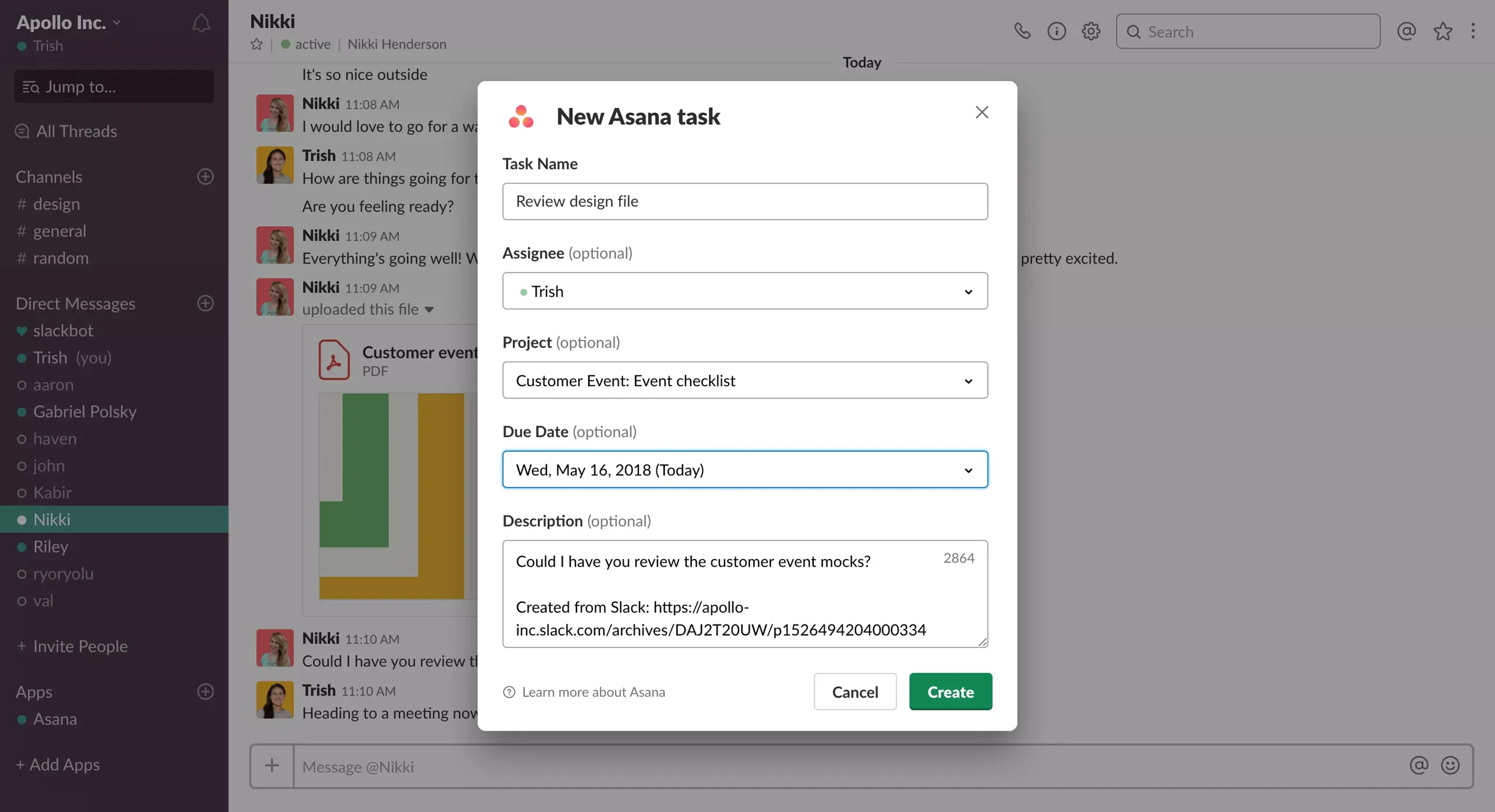 Asana for Slack: Create a task box