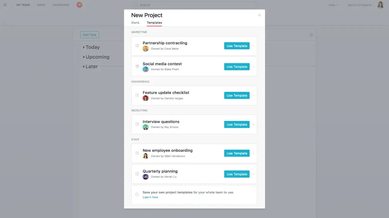 Create new project templates in Asana