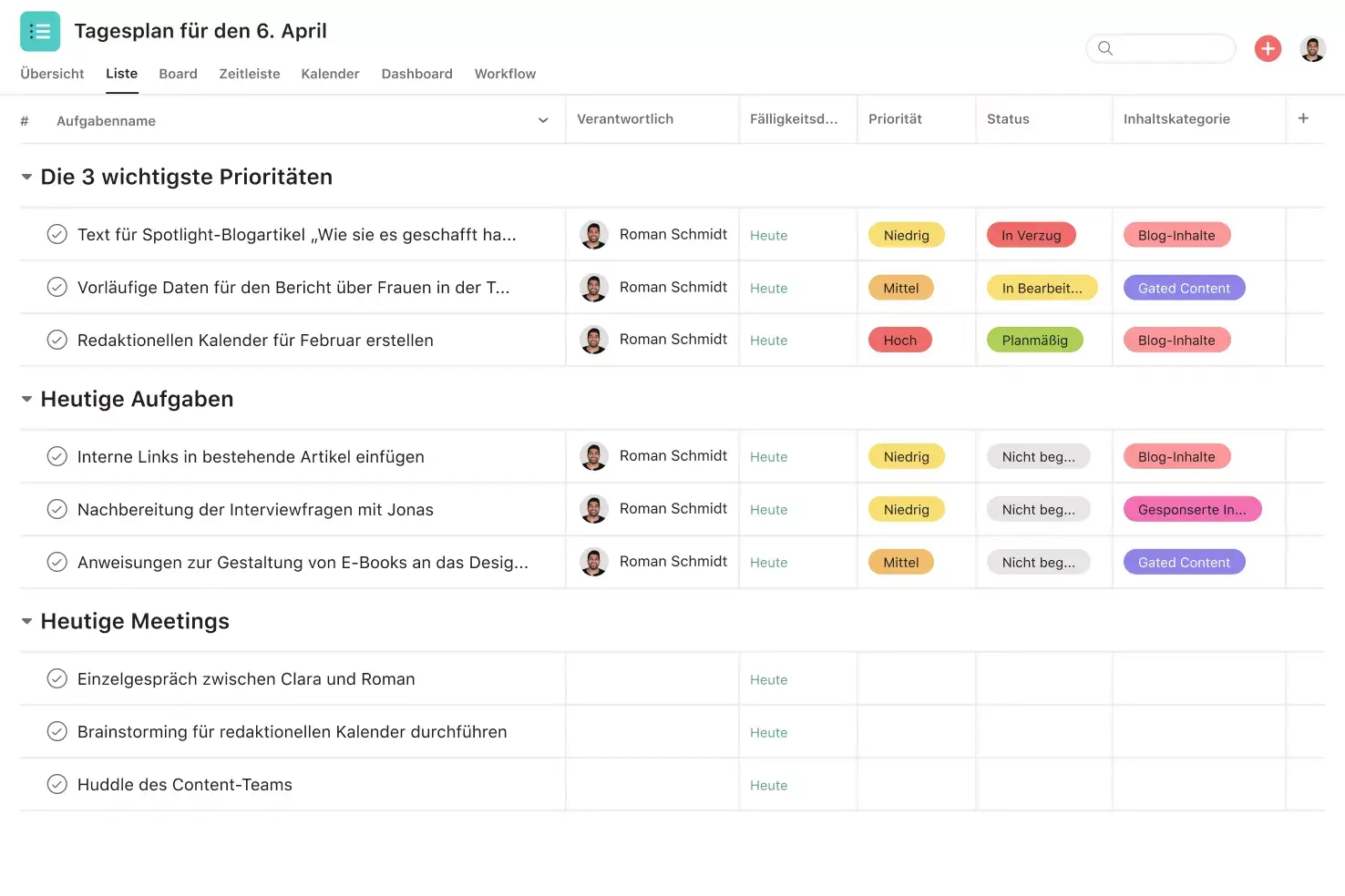 [Produkt-UI] Vorlage für einen Tagesplaner in Asana - Bild (Listenansicht)