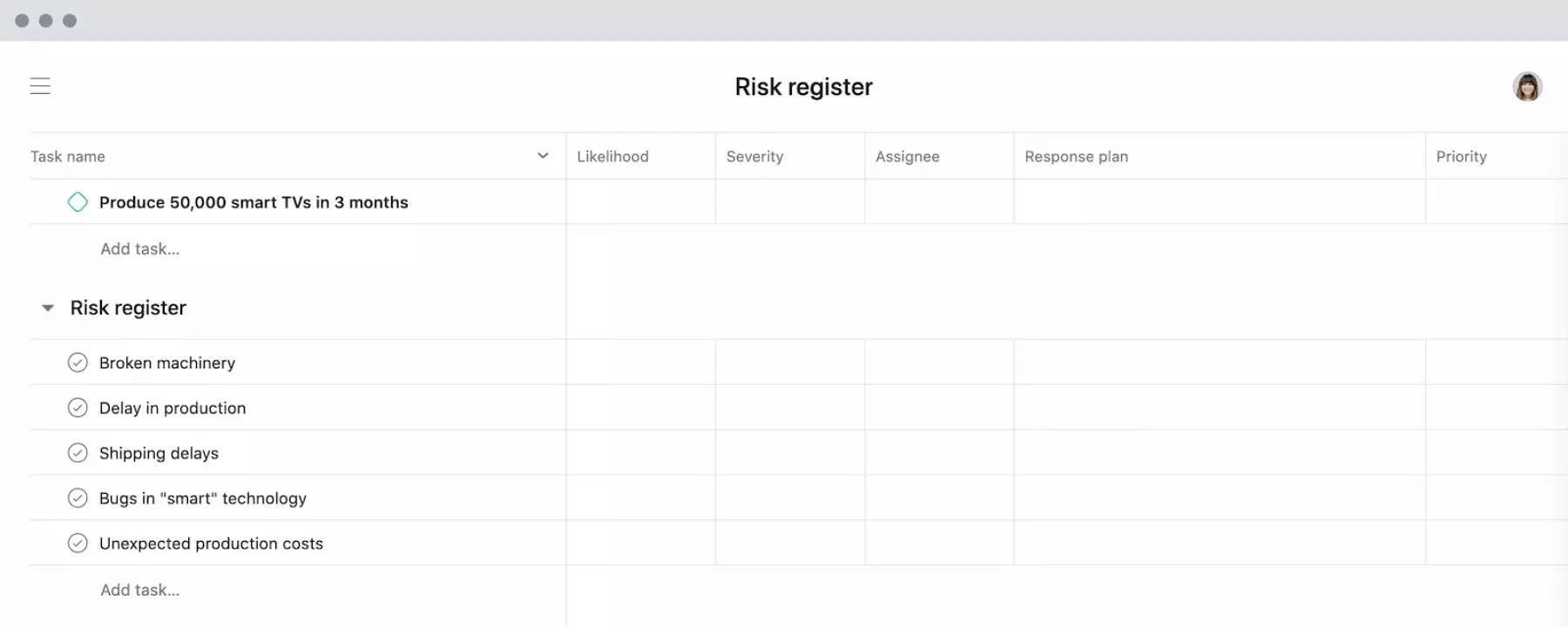 Leeres Risikoregister für Projektrisikomanagement