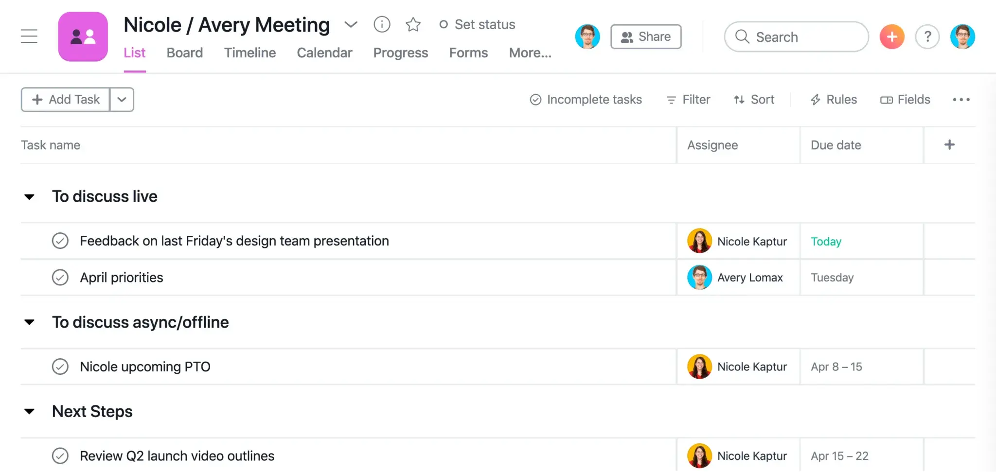 Product UI: Meeting agenda in Asana