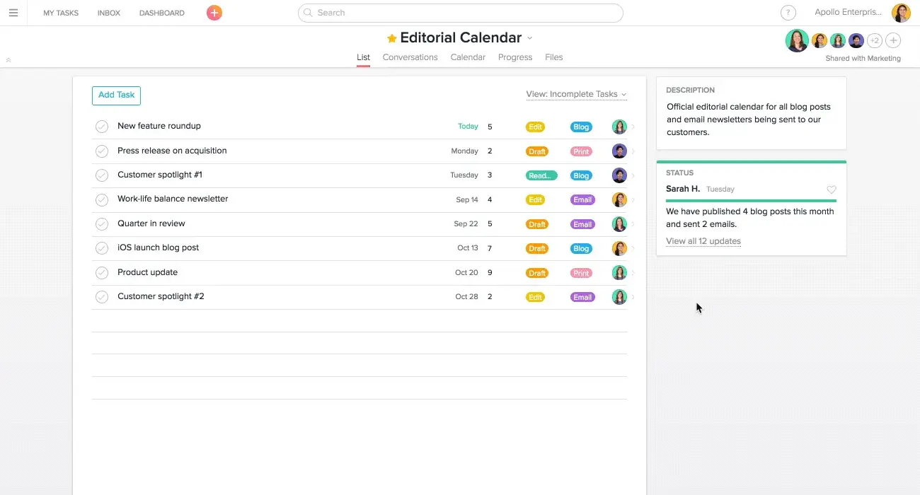 Product UI: Editorial Calendar in Asana