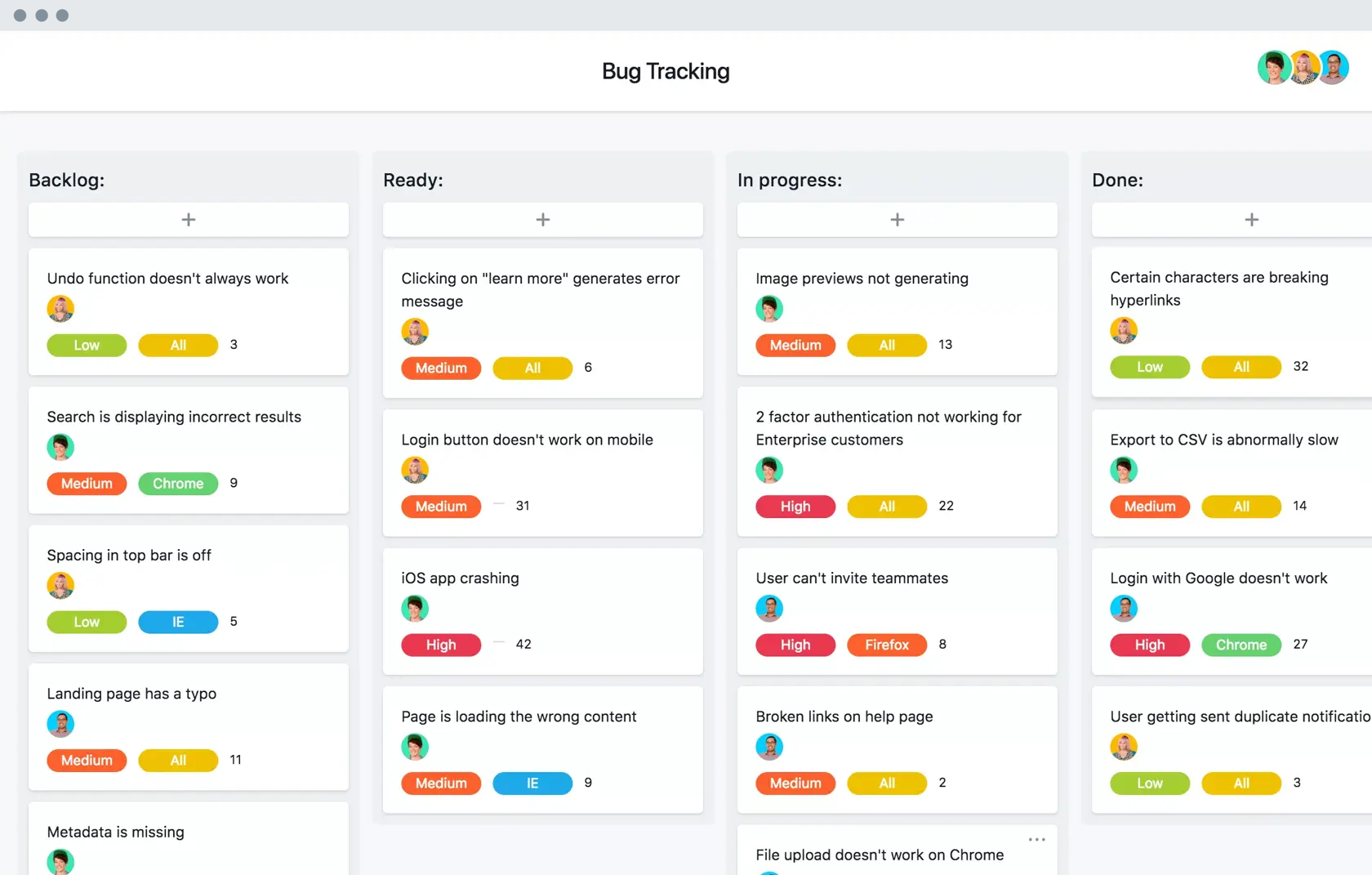 [Old product ui] Bug tracking template in Asana, Kanban board style project view (Boards)