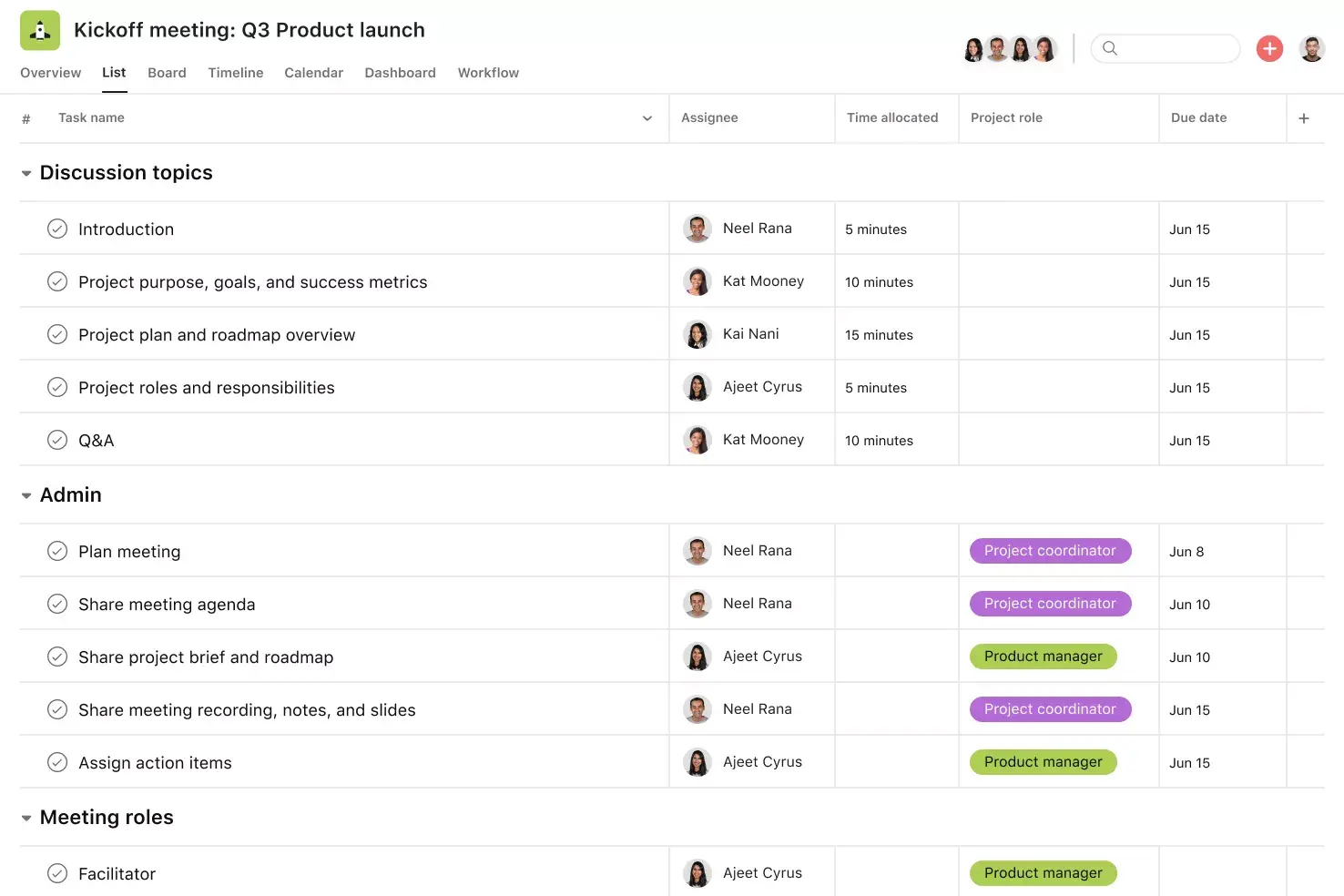 [Interfaccia utente del prodotto] Progetto di una riunione di avvio su Asana, visualizzazione in stile foglio di calcolo (elenco)