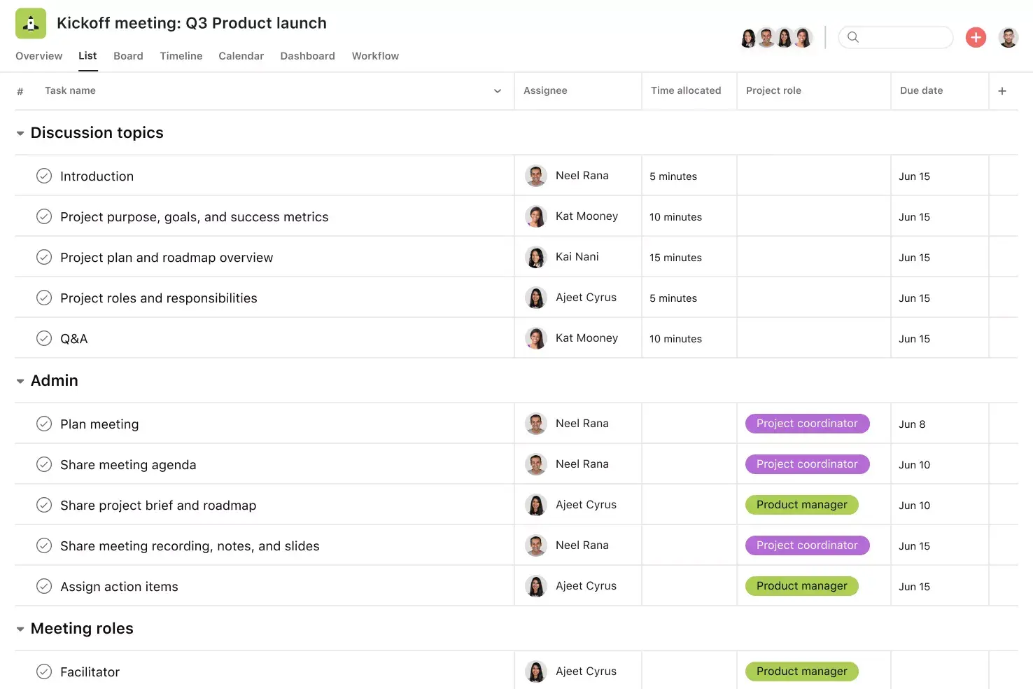 [Product ui] Kickoff meeting project in Asana, spreadsheet-style view (List)