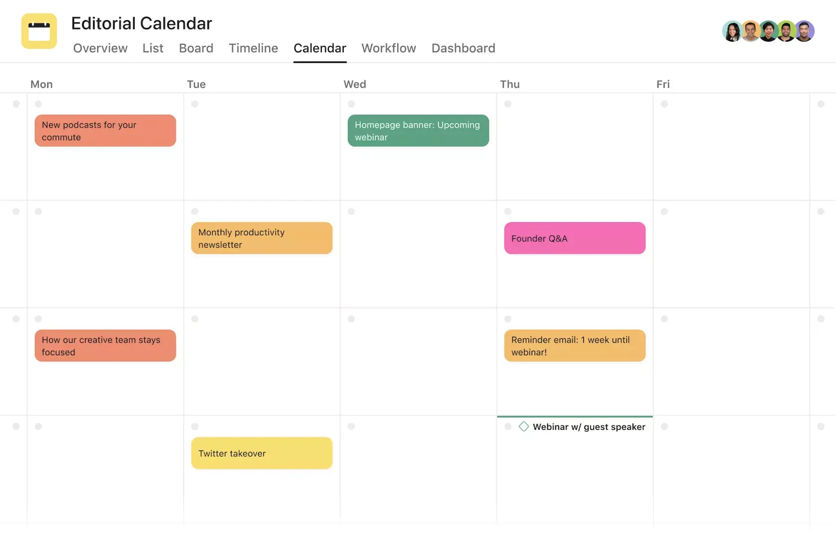 [Interface do produto] Projeto de calendário editorial na Asana (visualização de calendário)