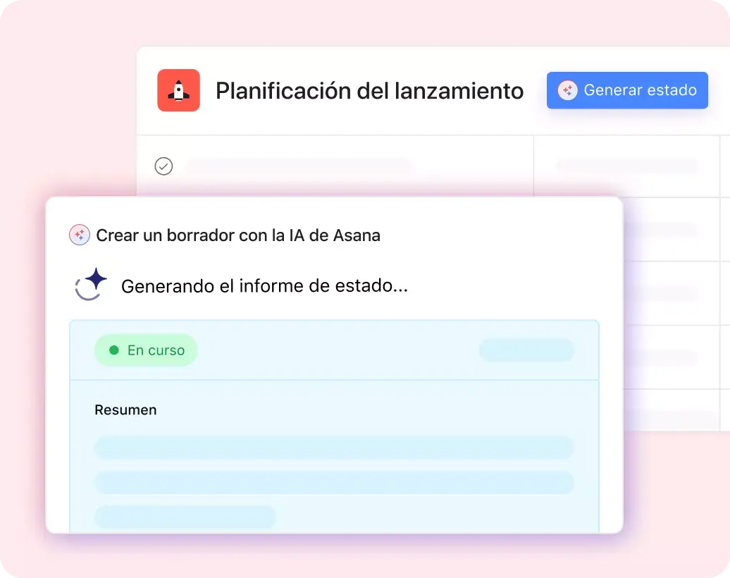 Interfaz de usuario del producto donde se muestra a la IA de Asana generando un informe de estado para un proyecto existente