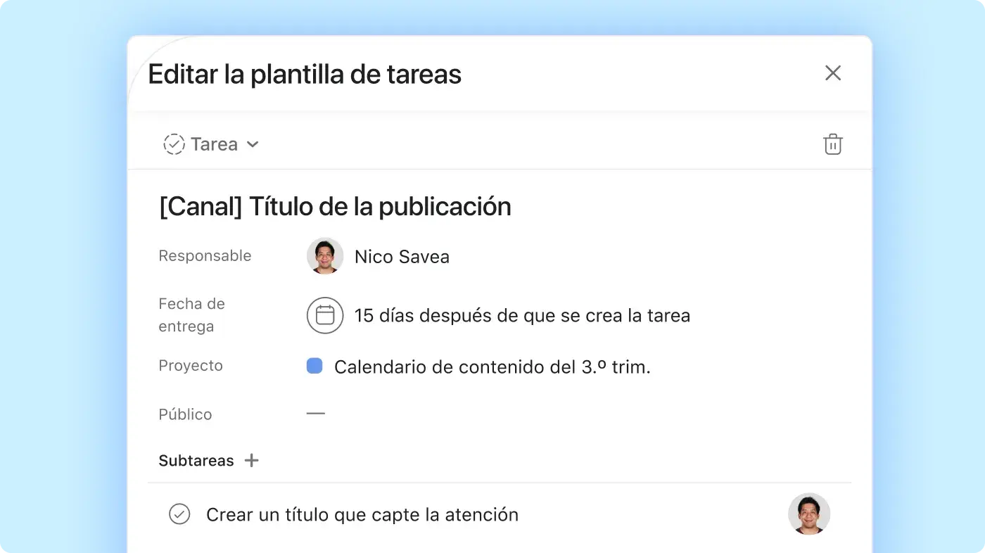 Interfaz de usuario del producto para editar la plantilla de tareas de Asana