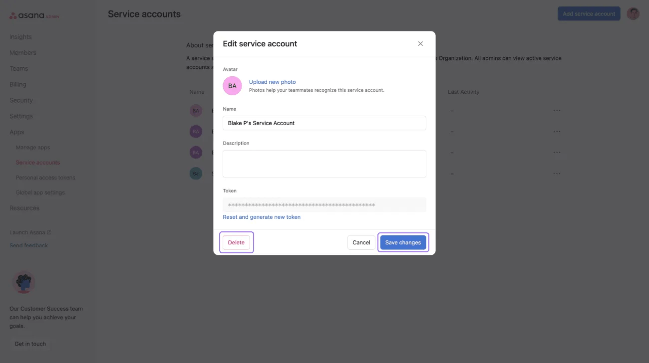 delete service account
