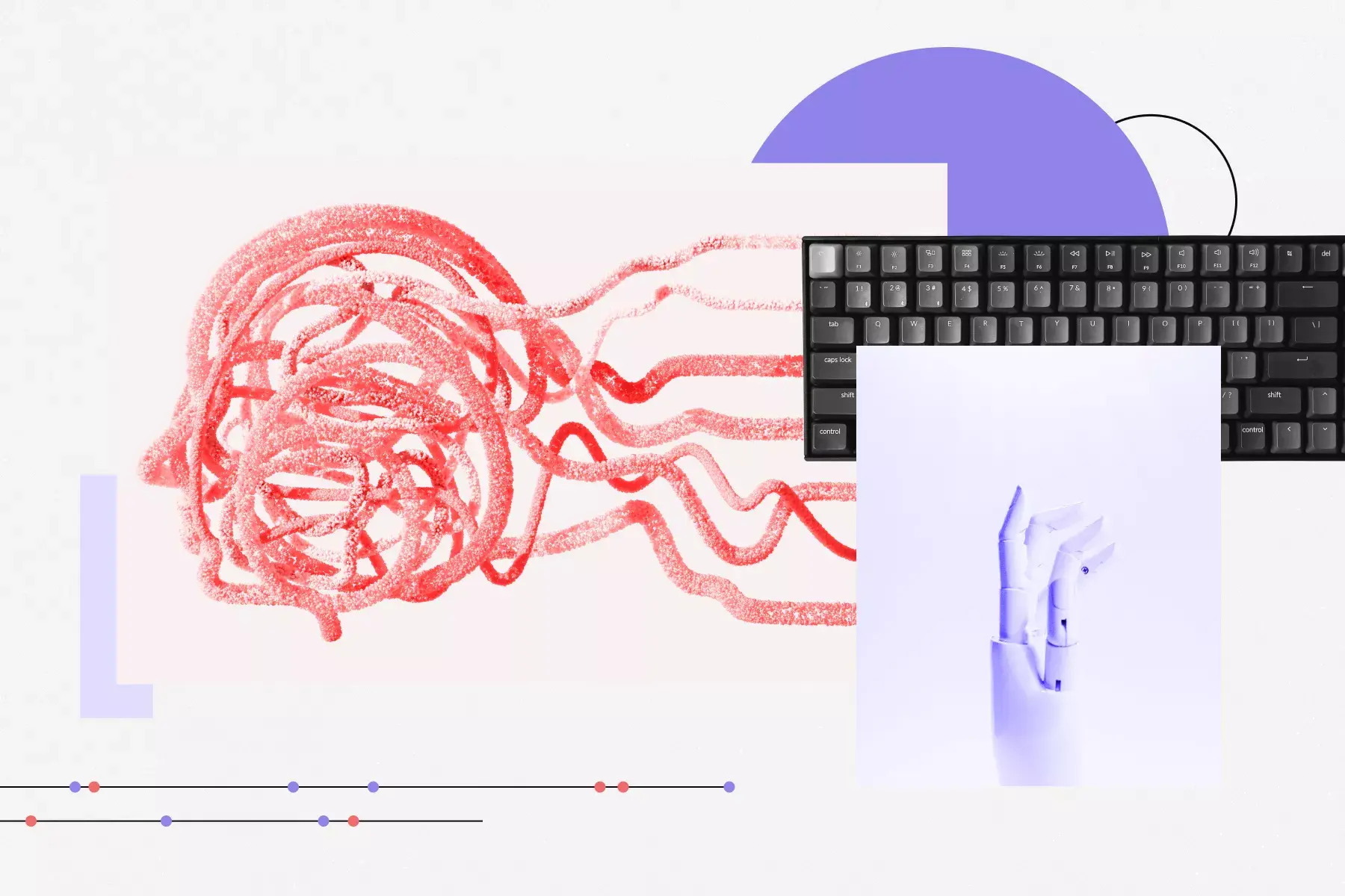 Card image for article on mastering change management in the AI age. Features imagery like a keyboard and mechanical hand.