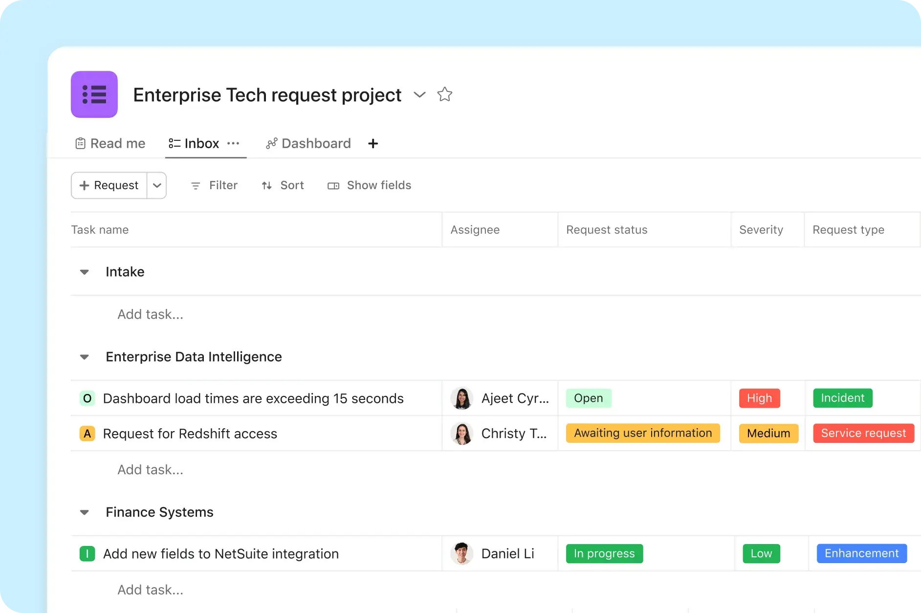 Asana product UI showing the Enterprise Tech team's request tracking project