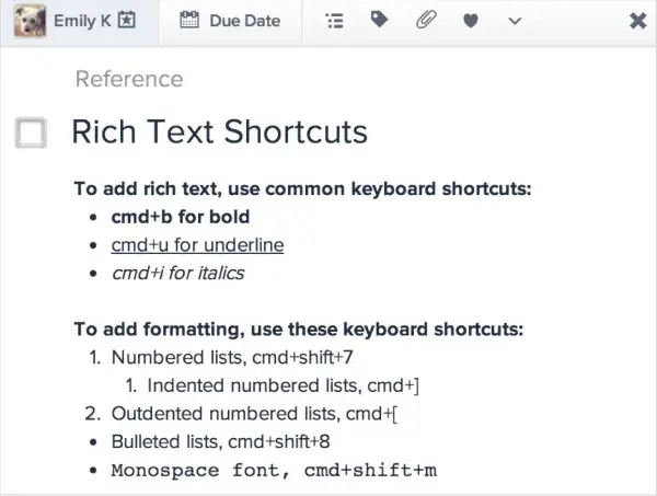 Rich text shortcuts