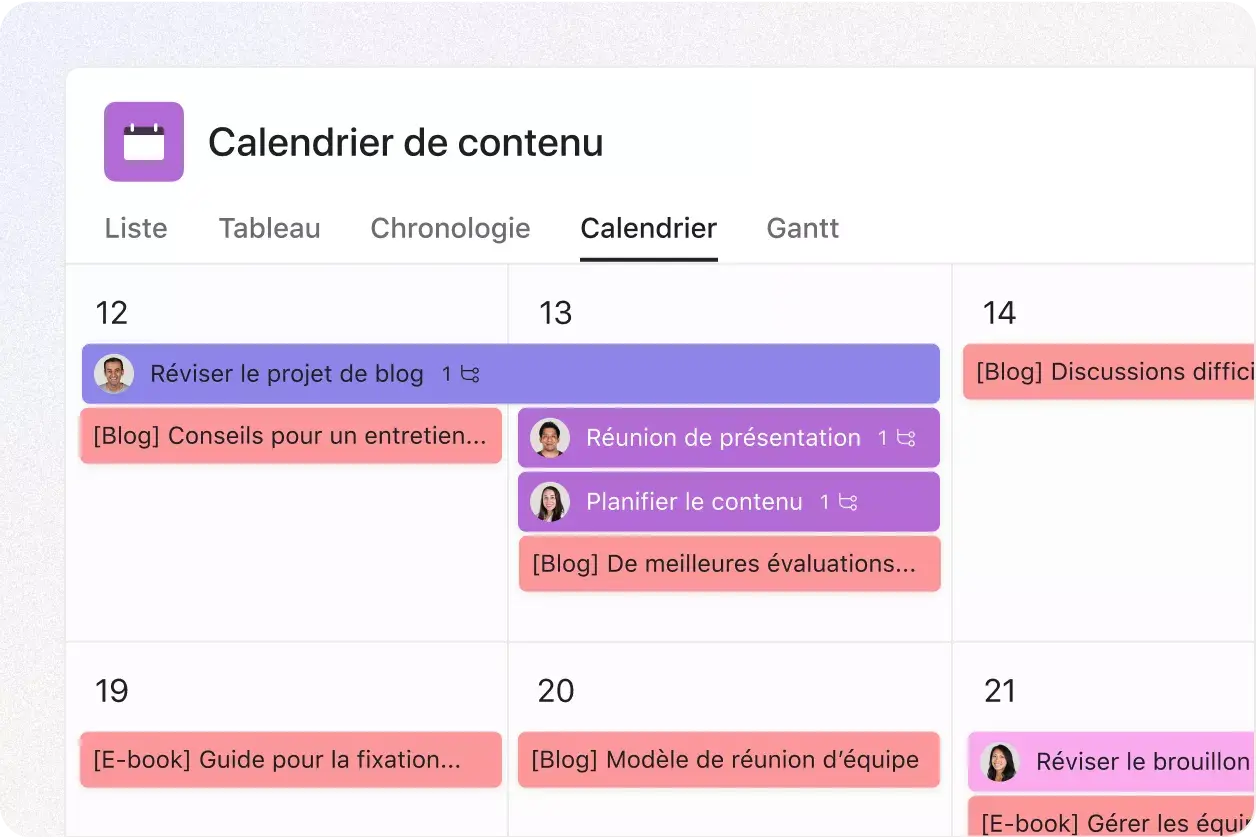 IU du produit pour la fonctionnalité Calendrier d’Asana