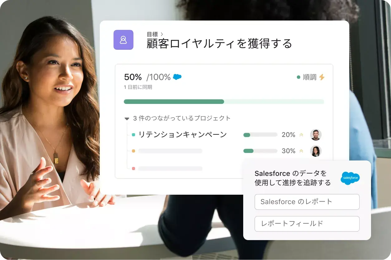 顧客と話す社員: 抽象化された Asana 製品 UI