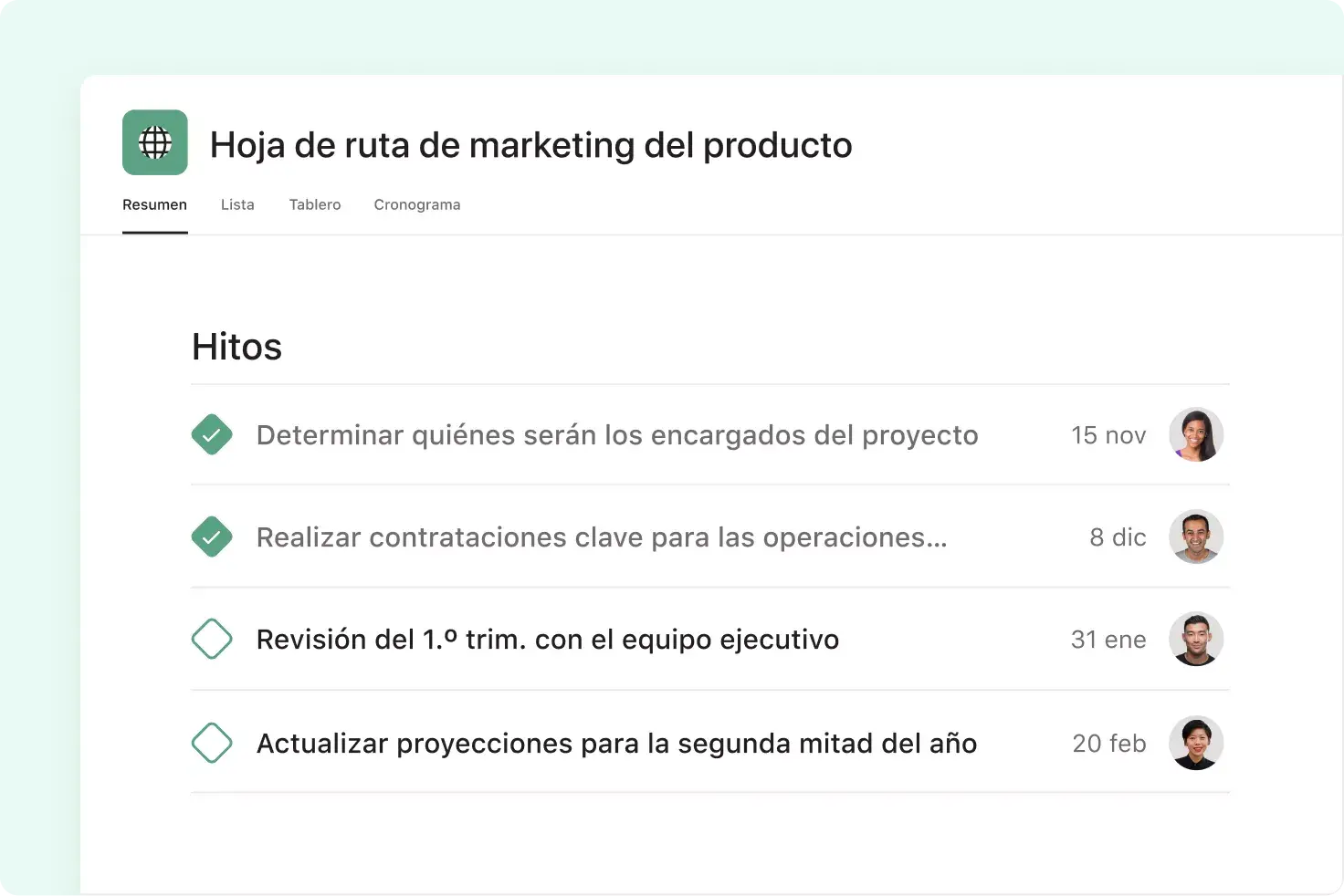 Haz un seguimiento de los hitos del proyecto en Asana