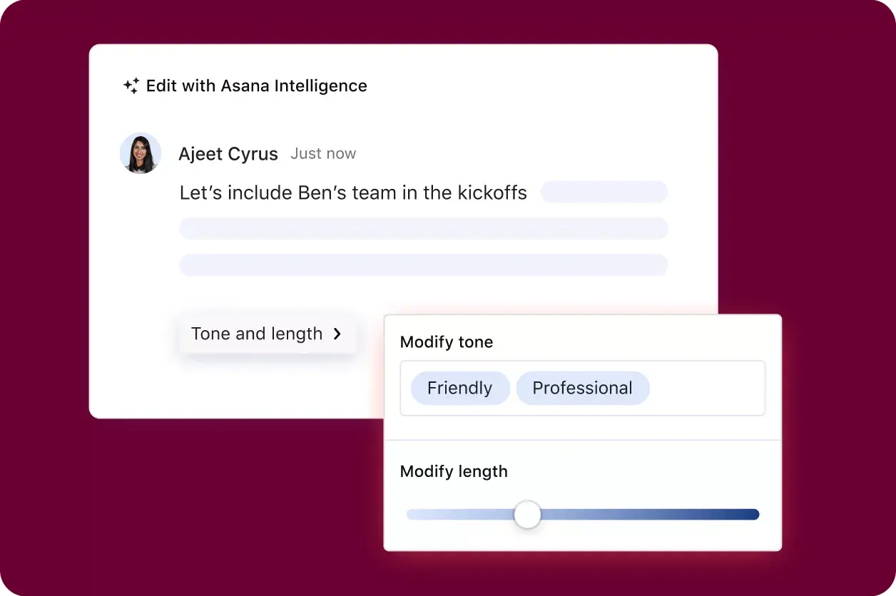 Interface do usuário do produto Asana mostrando um recurso da Asana Intelligence pelo qual um usuário pode modificar o tom e tamanho de uma resposta digitada na Asana. 