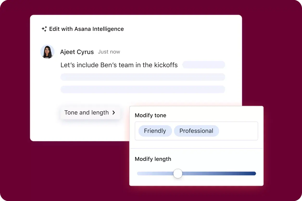 Asana product UI showing an Asana Intelligence feature by which a user can modify a response typed into Asana by tone and length of content. 