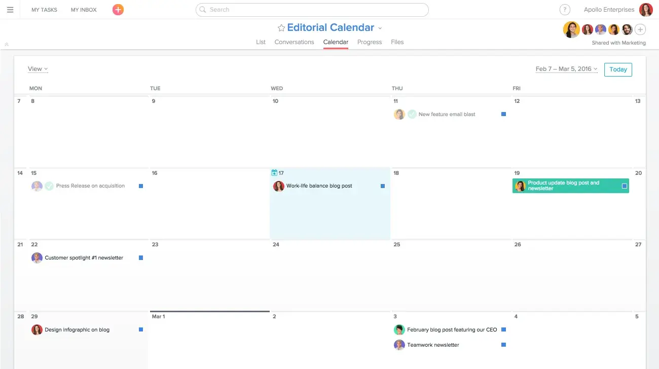 Product UI: Editorial calendar in Asana