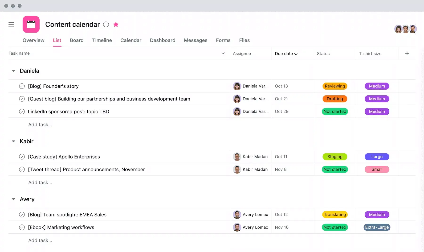 [Visualização de lista] Projeto de calendário de conteúdo com o T-shirt sizing na Asana