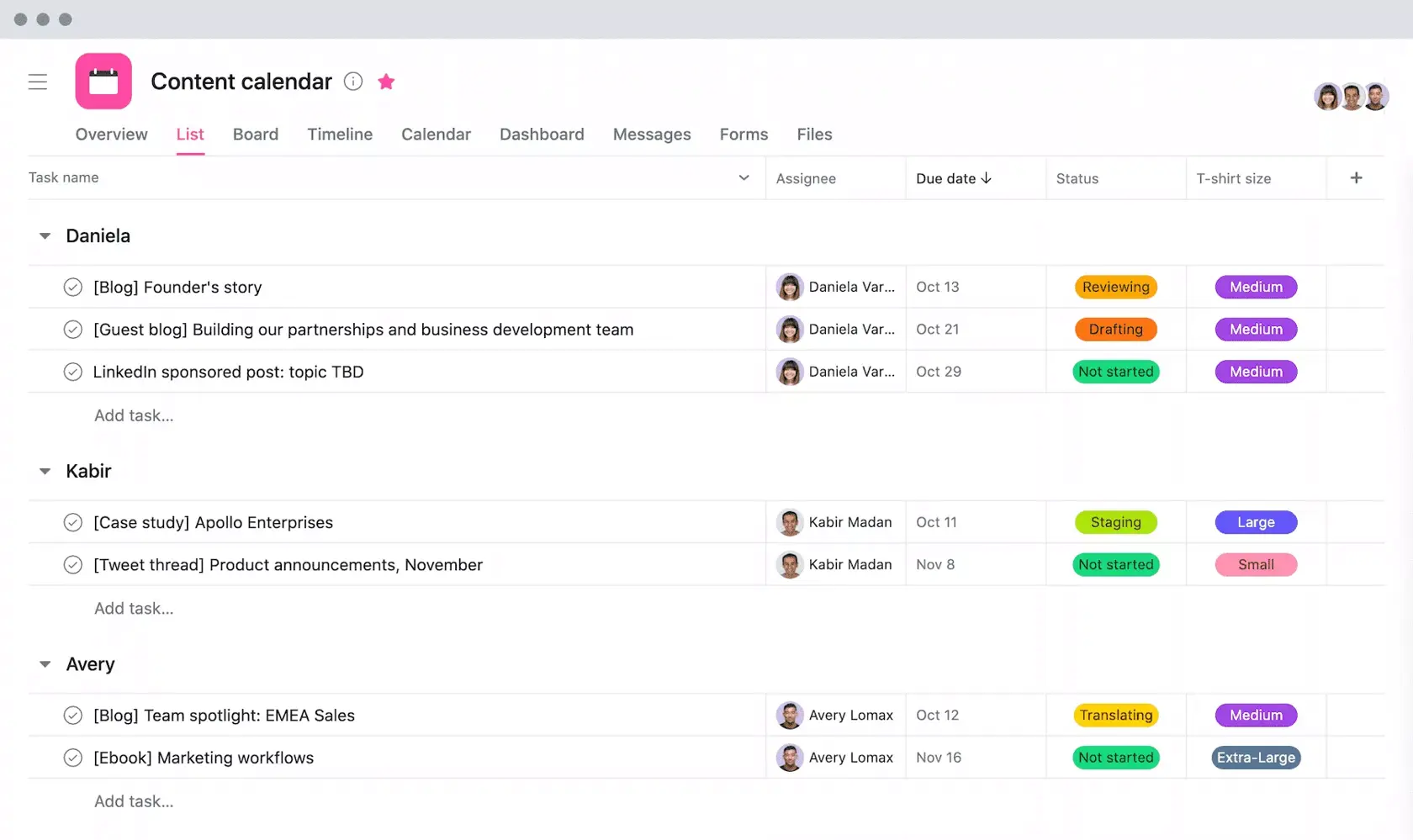 [Old Product UI] Content calendar project with t-shirt sizing in Asana (lists)