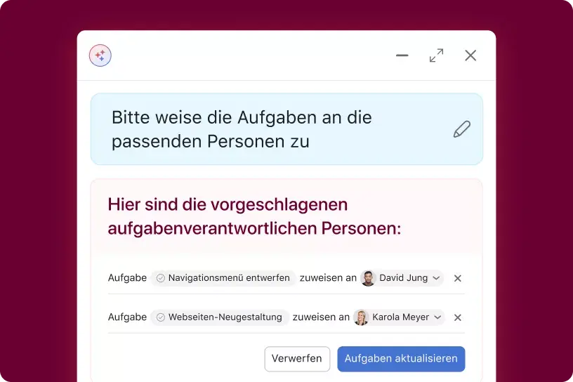 Produkt-UI mit der Asana-KI-Funktionalität für Teamkollegen, die eine Aufgabe scannt und empfiehlt, wem die Aufgabe zugewiesen werden sollte