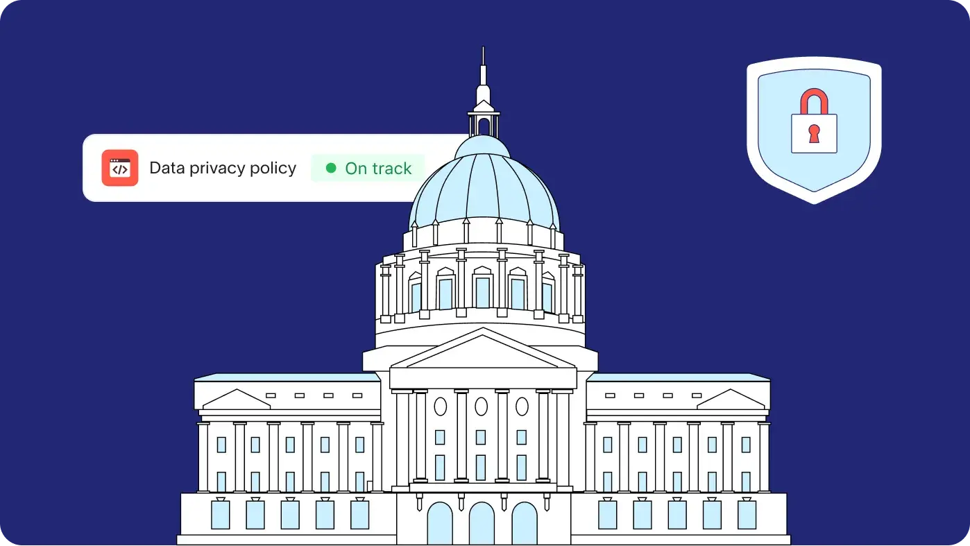 An illustration of a government capitol building. Floating above it are an Asana task for a "Data privacy policy" marked as "On track," and a security shield icon with a padlock.