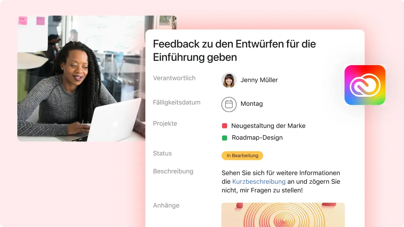 Asana-Produkt-UI für kreative Überarbeitungsaufgaben mit Adobe Creative Cloud-Integration 