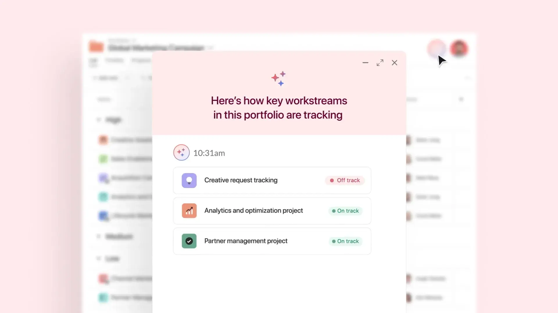 Product UI of Asana AI summarizing current status of key projects in a shared portfolio 