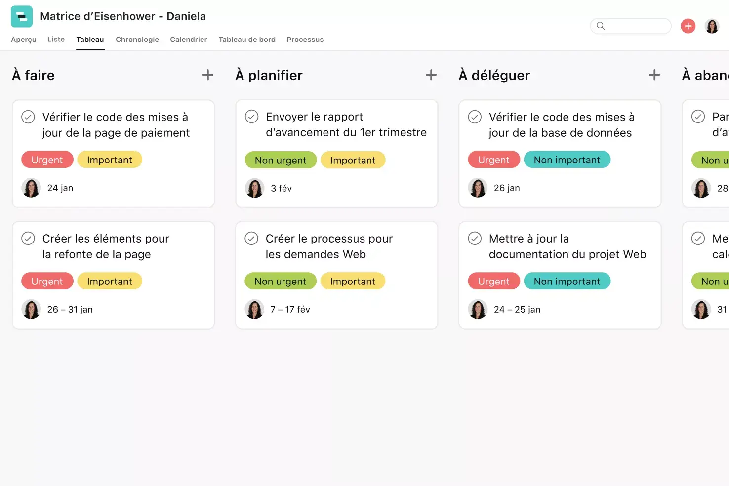 [Interface produit] Projet de matrice d’Eisenhower exploitable sur Asana - tableau façon Kanban (vue Tableau)