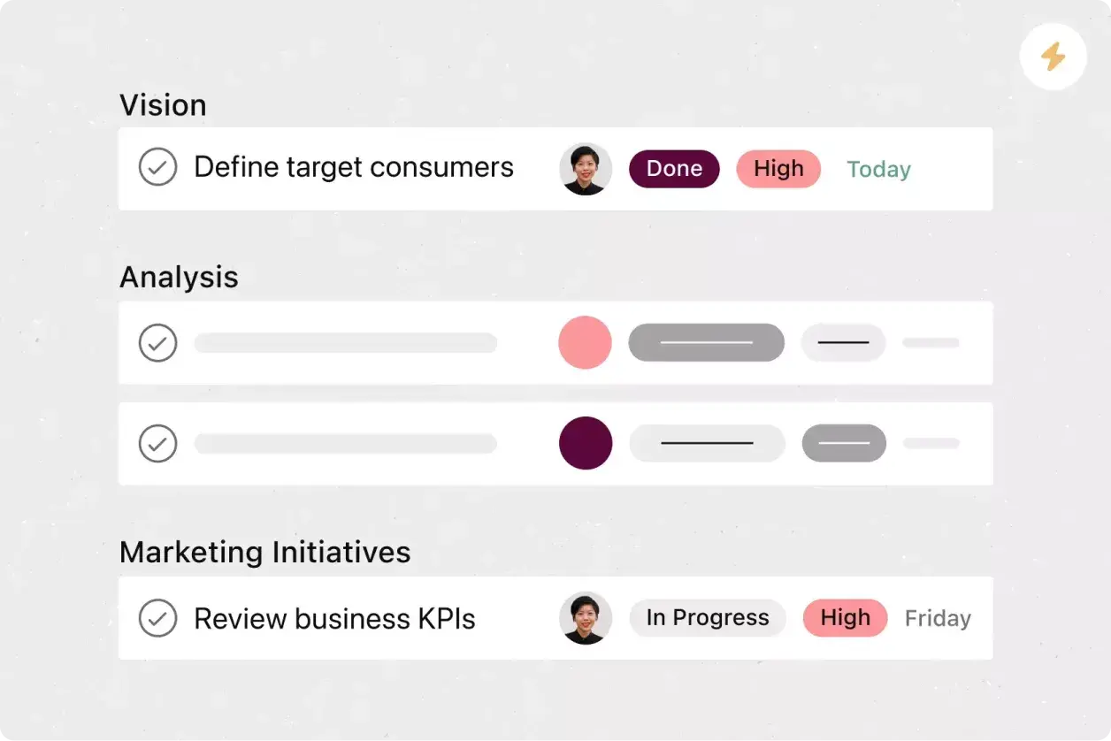 Product UI on Asana of a marketing strategy project set up