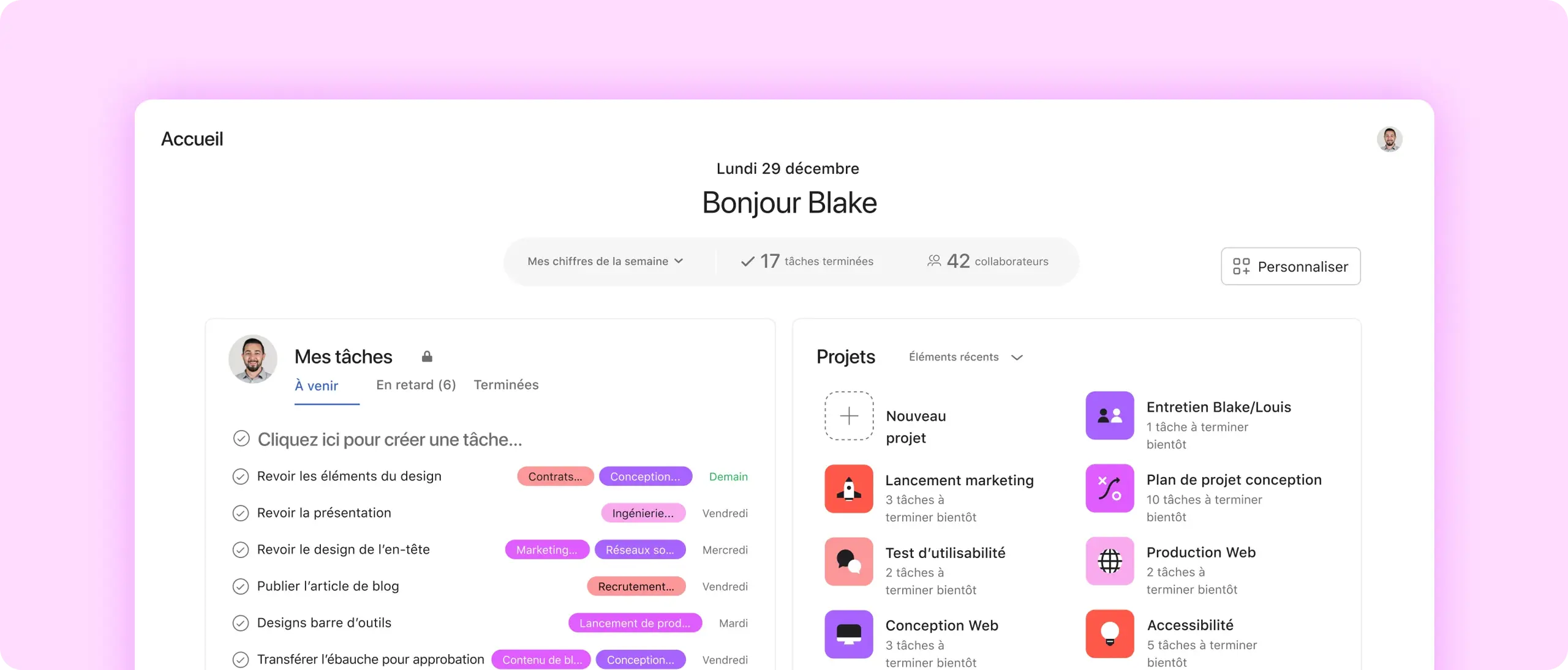 Accueil sur Asana