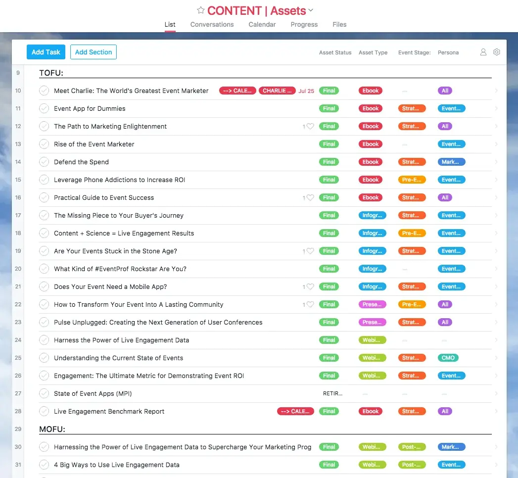 Content calendar in Asana