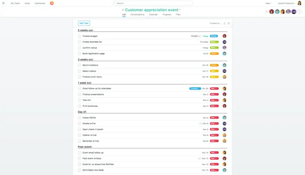 Product UI: Event project in Asana