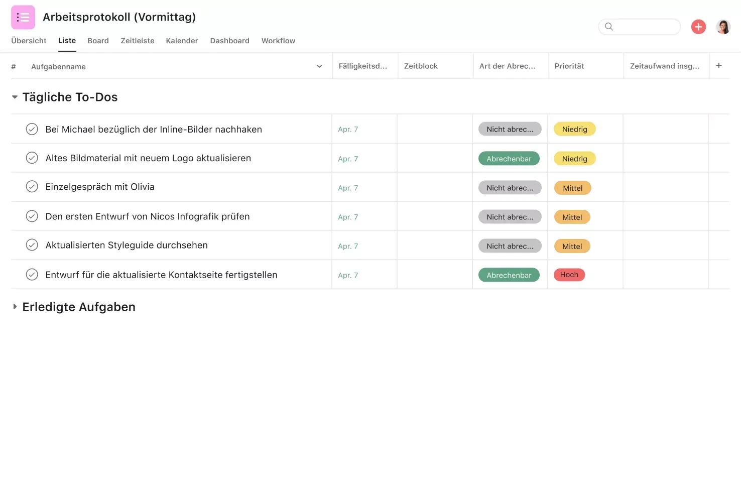 [Produkt-UI] Vorlage für Arbeitsprotokolle mit unerledigten Aufgaben in Asana (Listenansicht)