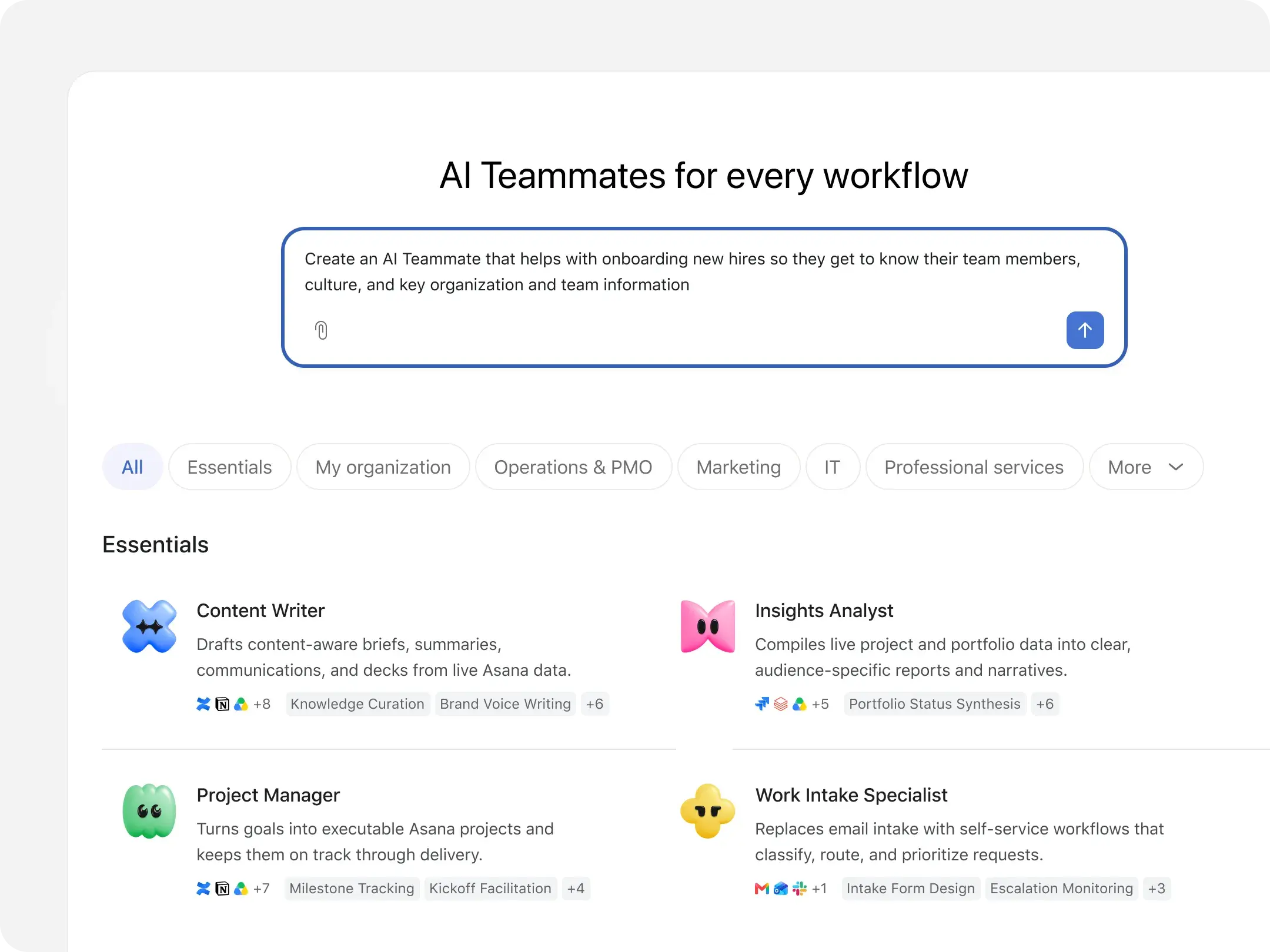Asana AI teammate gallery interface asking "What work will your AI teammate do?" with a user prompt. Below are AI role cards like Content Localization Manager, Copywriter, and Competitive Market Researcher.