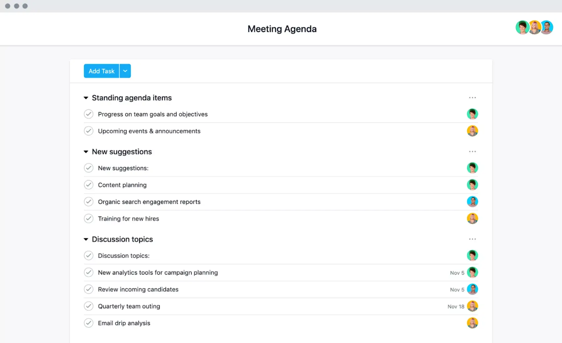 [List view] Meeting agenda template in Asana, spreadsheet-style view