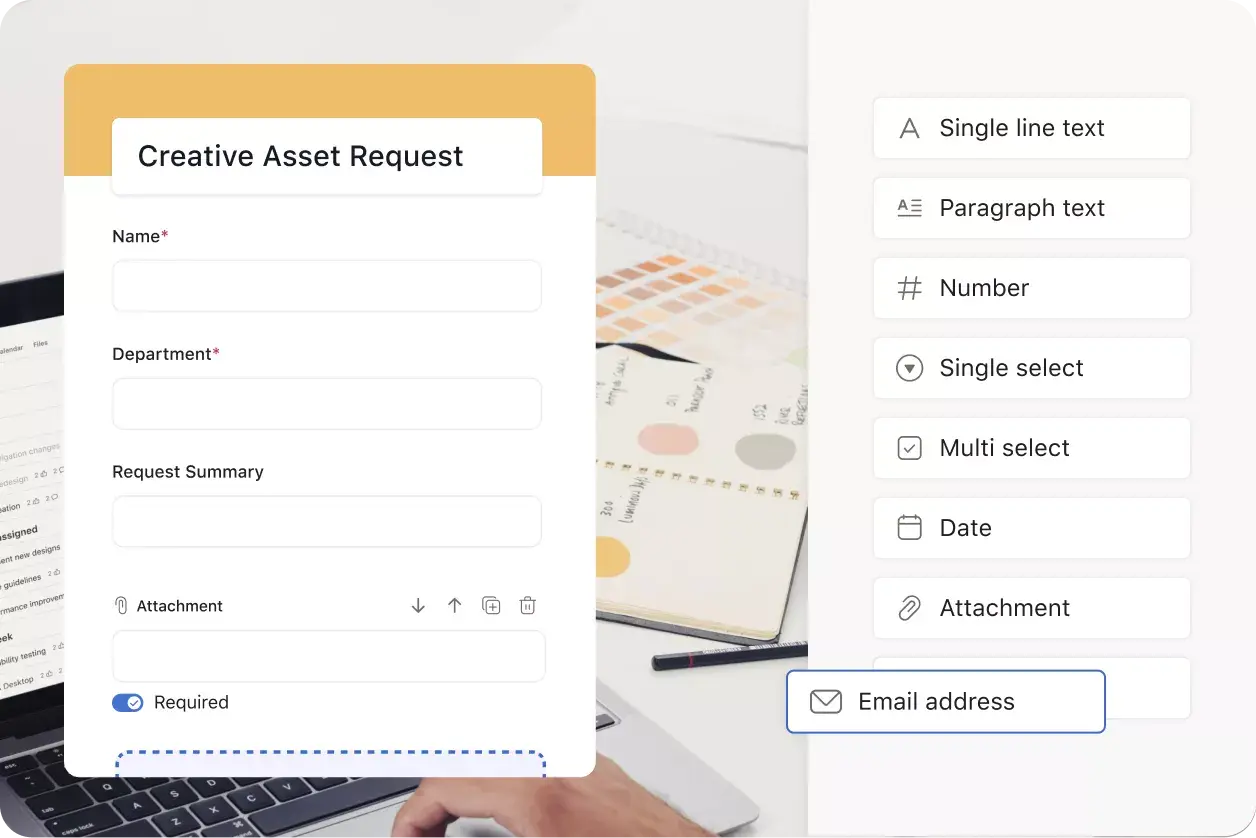 Interface de usuário do produto Asana: formulário de solicitação de ativos para criação 