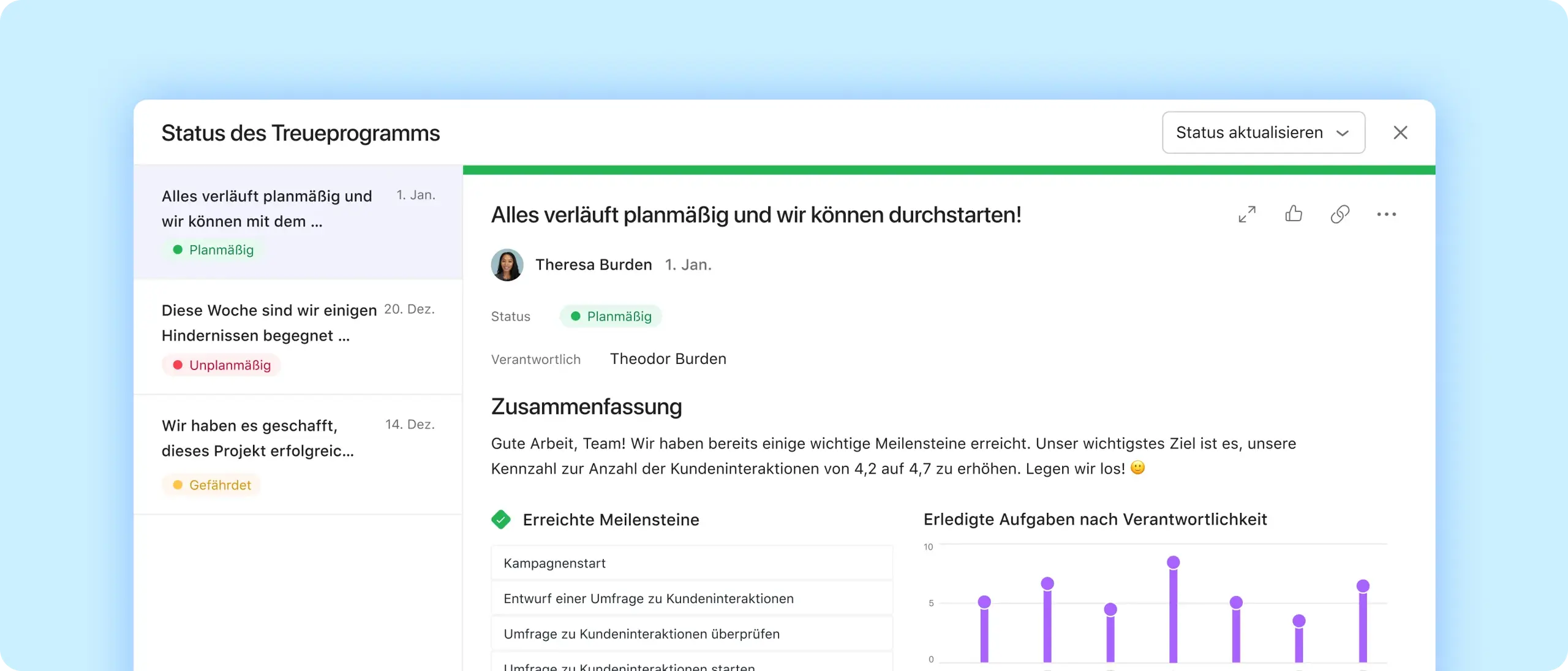 Status updates screenshot in Asana